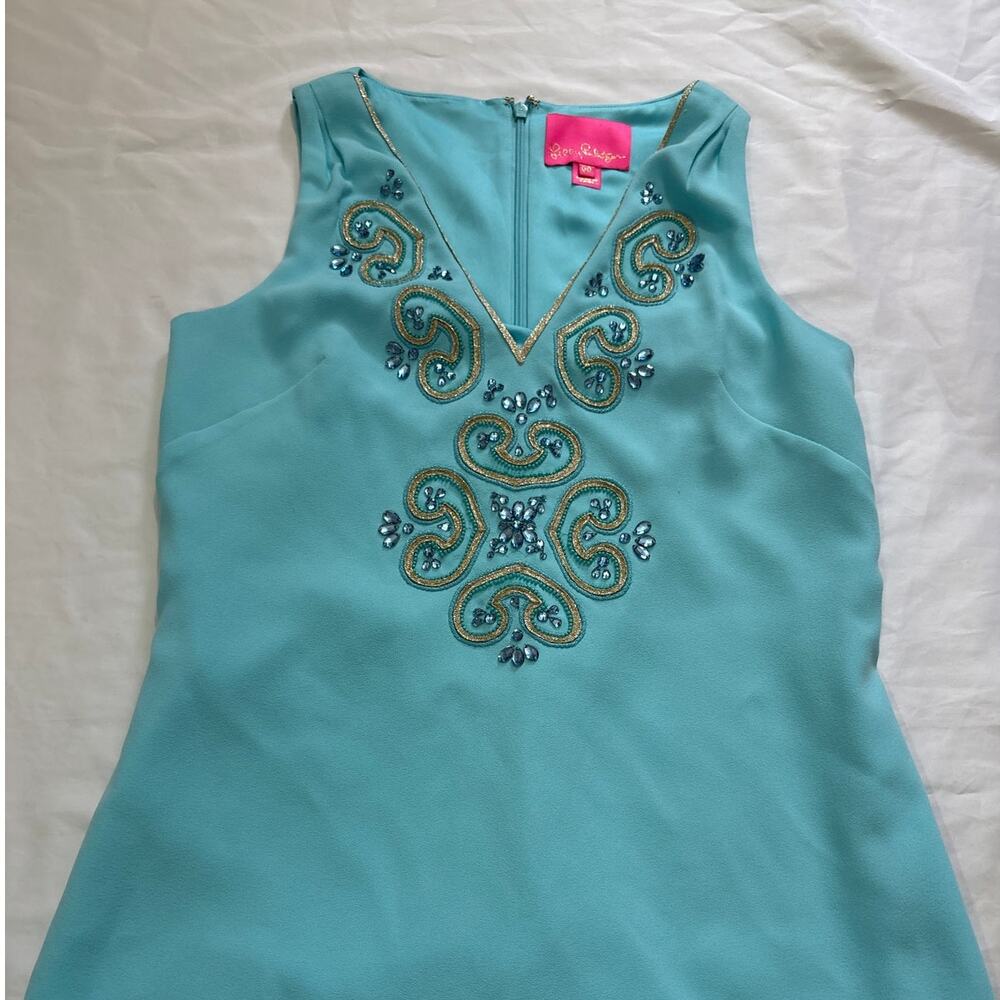 Lilly Pulitzer Womens 00 Penelope Blue Ibiza Embellished Jewel Satin Shift Dress - Picture 4 of 10